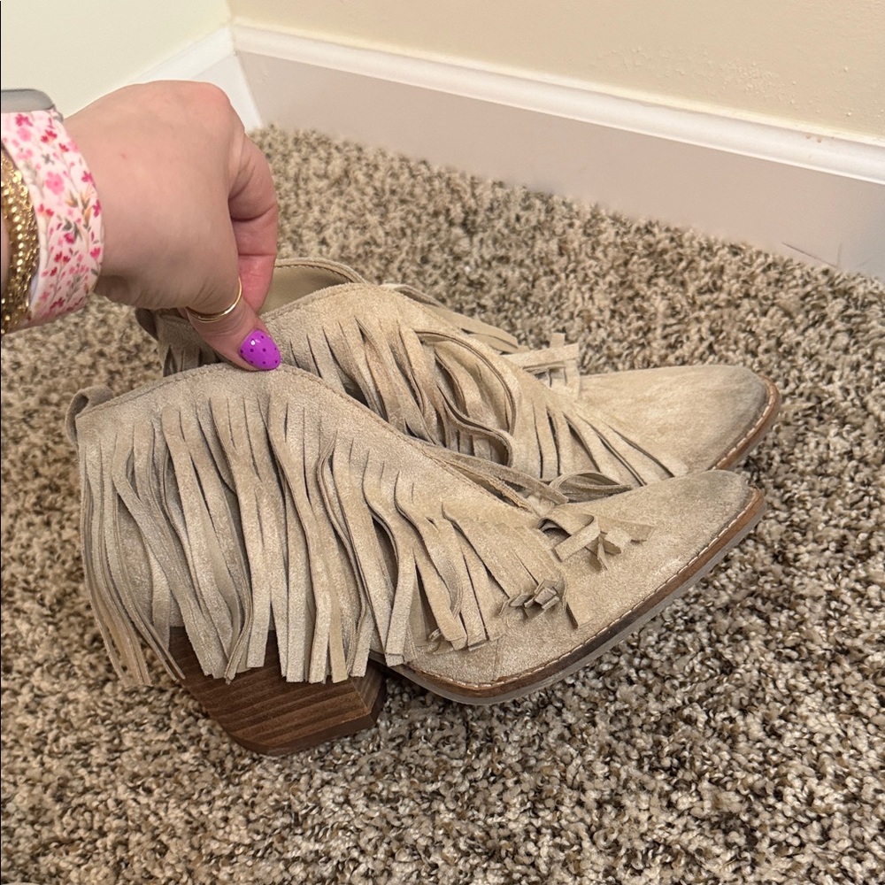 Fringe Suede Ankle Boots - Cream